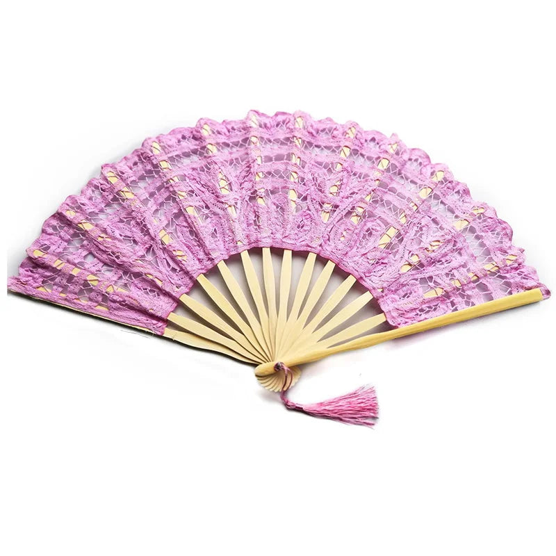 Embroidery Chinese Dance Hand Fan Party Wedding Prom Bamboo Hand Folding Lace Fabric Vintage Craft Gift Fan Home Decoration