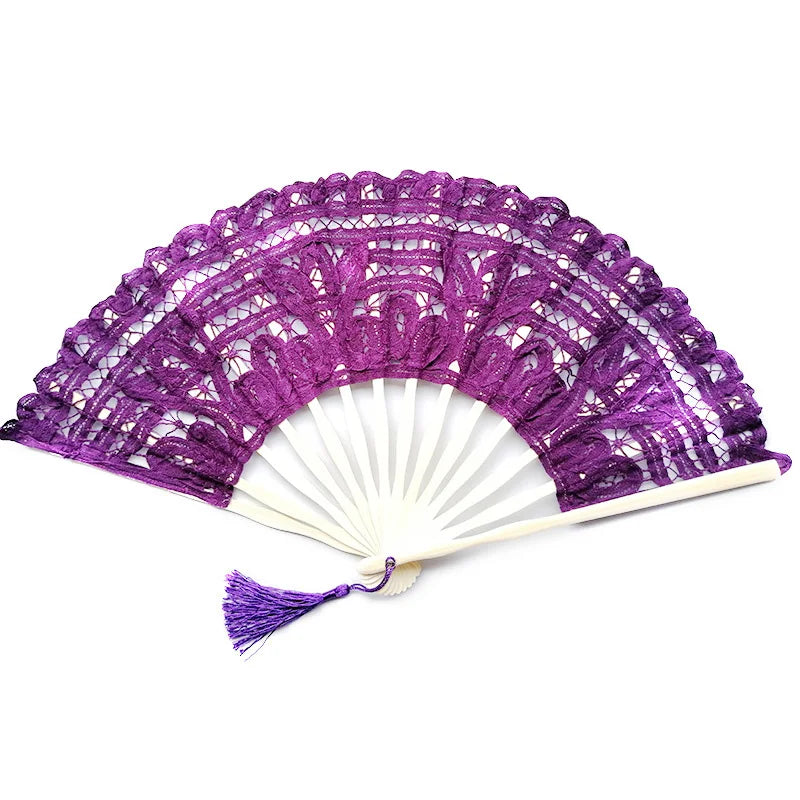 Embroidery Chinese Dance Hand Fan Party Wedding Prom Bamboo Hand Folding Lace Fabric Vintage Craft Gift Fan Home Decoration