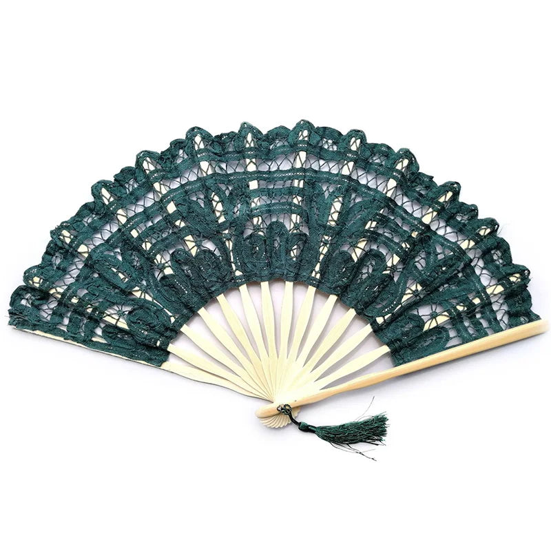 Embroidery Chinese Dance Hand Fan Party Wedding Prom Bamboo Hand Folding Lace Fabric Vintage Craft Gift Fan Home Decoration