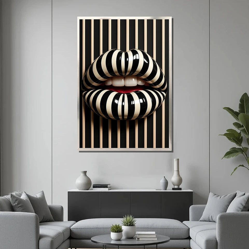 Striped Lips Canvas Painting Black White Pop Wall Art Bold Abstract Lip Picture Modern Fashion Home Decor Canvas Poster Print