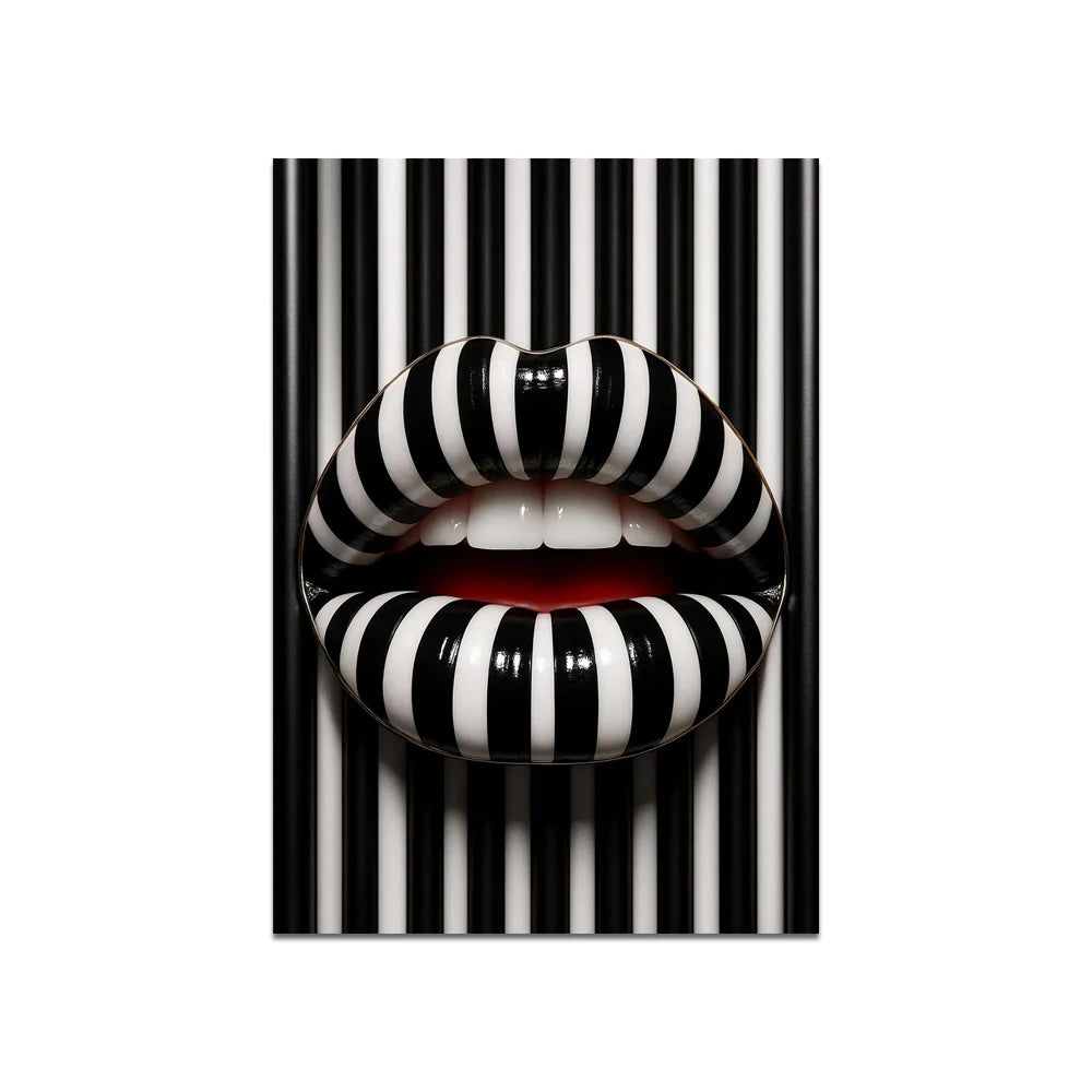 Striped Lips Canvas Painting Black White Pop Wall Art Bold Abstract Lip Picture Modern Fashion Home Decor Canvas Poster Print