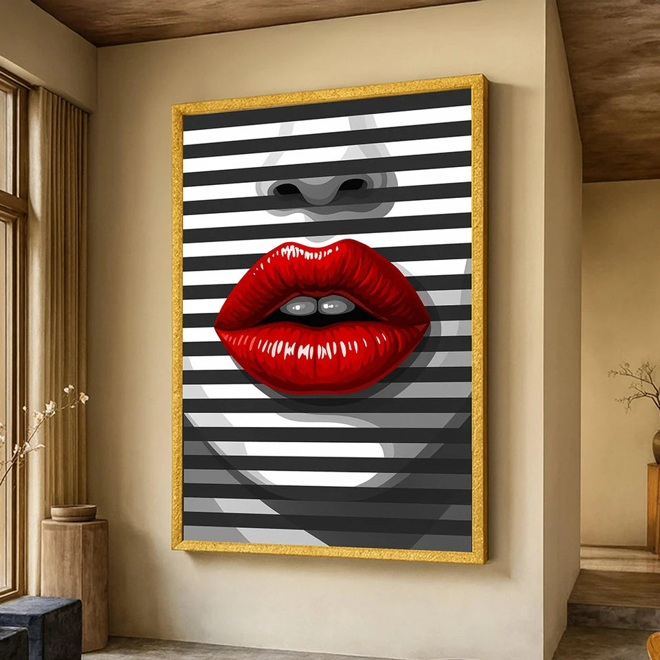 Striped Lips Canvas Painting Black White Pop Wall Art Bold Abstract Lip Picture Modern Fashion Home Decor Canvas Poster Print