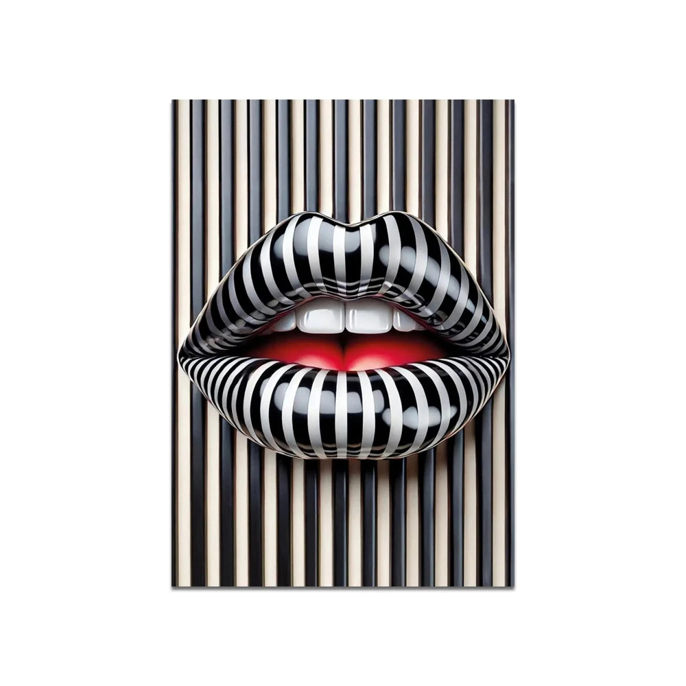 Striped Lips Canvas Painting Black White Pop Wall Art Bold Abstract Lip Picture Modern Fashion Home Decor Canvas Poster Print
