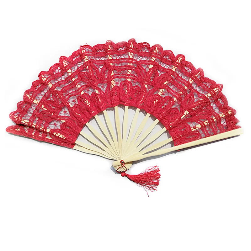 Embroidery Chinese Dance Hand Fan Party Wedding Prom Bamboo Hand Folding Lace Fabric Vintage Craft Gift Fan Home Decoration