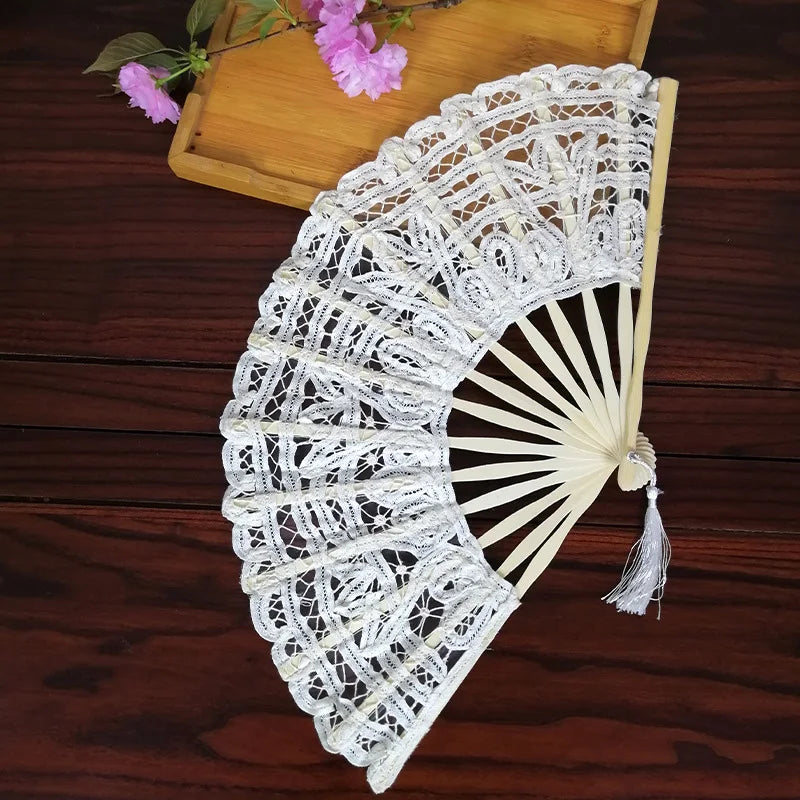 Embroidery Chinese Dance Hand Fan Party Wedding Prom Bamboo Hand Folding Lace Fabric Vintage Craft Gift Fan Home Decoration