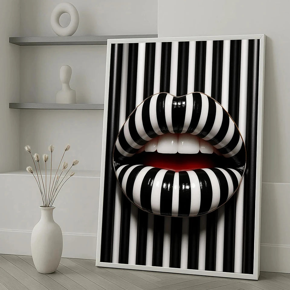 Striped Lips Canvas Painting Black White Pop Wall Art Bold Abstract Lip Picture Modern Fashion Home Decor Canvas Poster Print