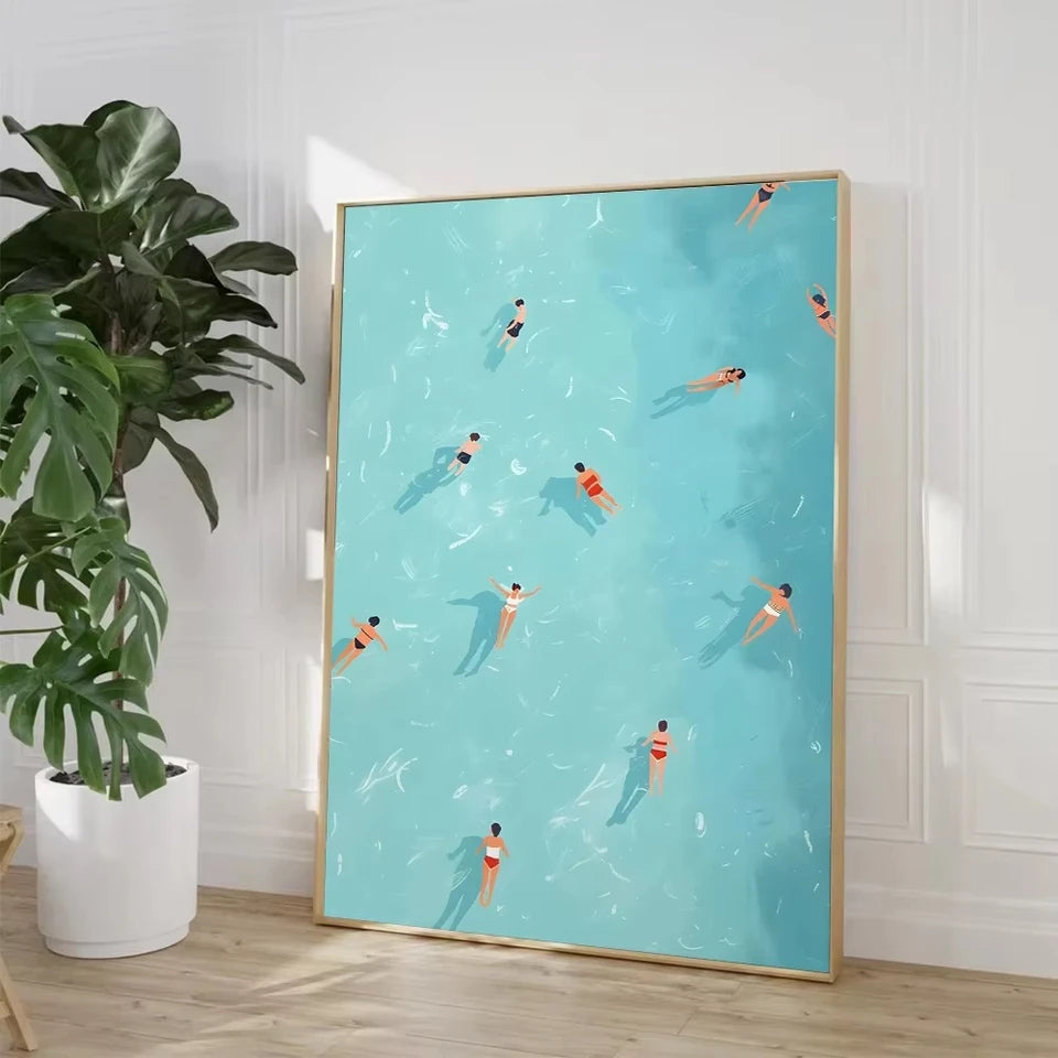 Summer Girl Swimming Pool Party Wall Art-Beach and Ocean Canvas Prints for Nordic Living Room Decor,Boat-Themed Home Art