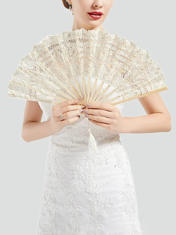 Embroidery Chinese Dance Hand Fan Party Wedding Prom Bamboo Hand Folding Lace Fabric Vintage Craft Gift Fan Home Decoration