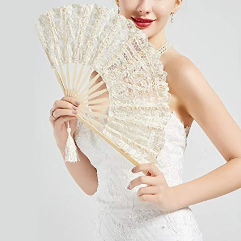 Embroidery Chinese Dance Hand Fan Party Wedding Prom Bamboo Hand Folding Lace Fabric Vintage Craft Gift Fan Home Decoration