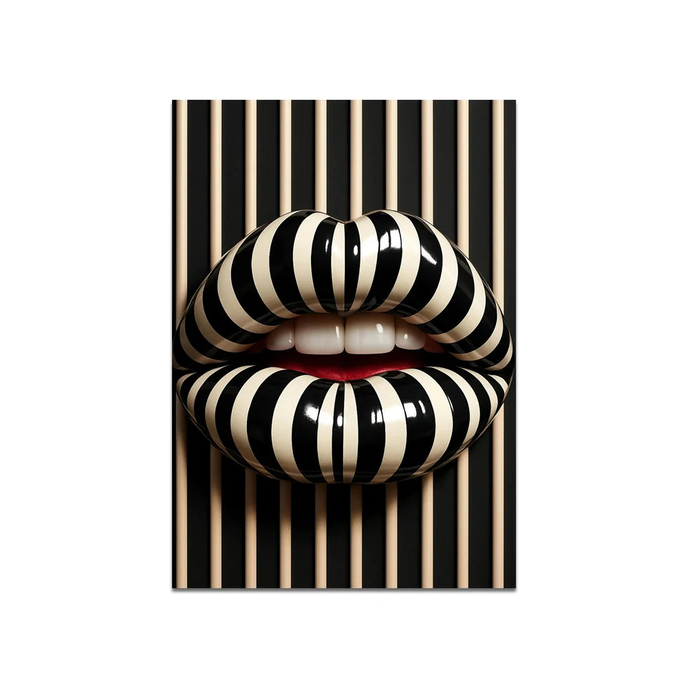 Striped Lips Canvas Painting Black White Pop Wall Art Bold Abstract Lip Picture Modern Fashion Home Decor Canvas Poster Print