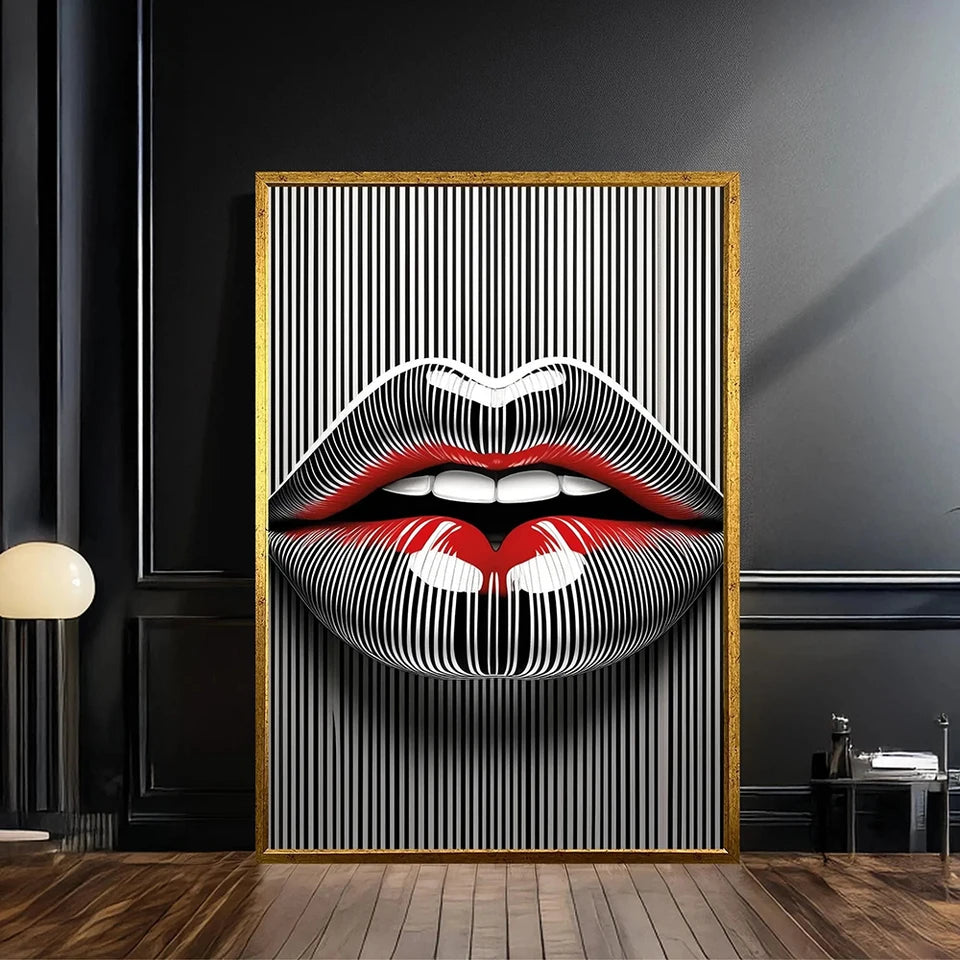 Striped Lips Canvas Painting Black White Pop Wall Art Bold Abstract Lip Picture Modern Fashion Home Decor Canvas Poster Print