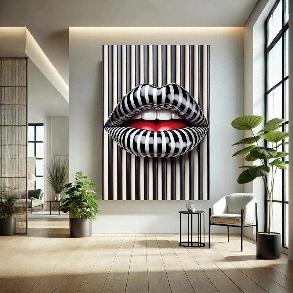 Striped Lips Canvas Painting Black White Pop Wall Art Bold Abstract Lip Picture Modern Fashion Home Decor Canvas Poster Print