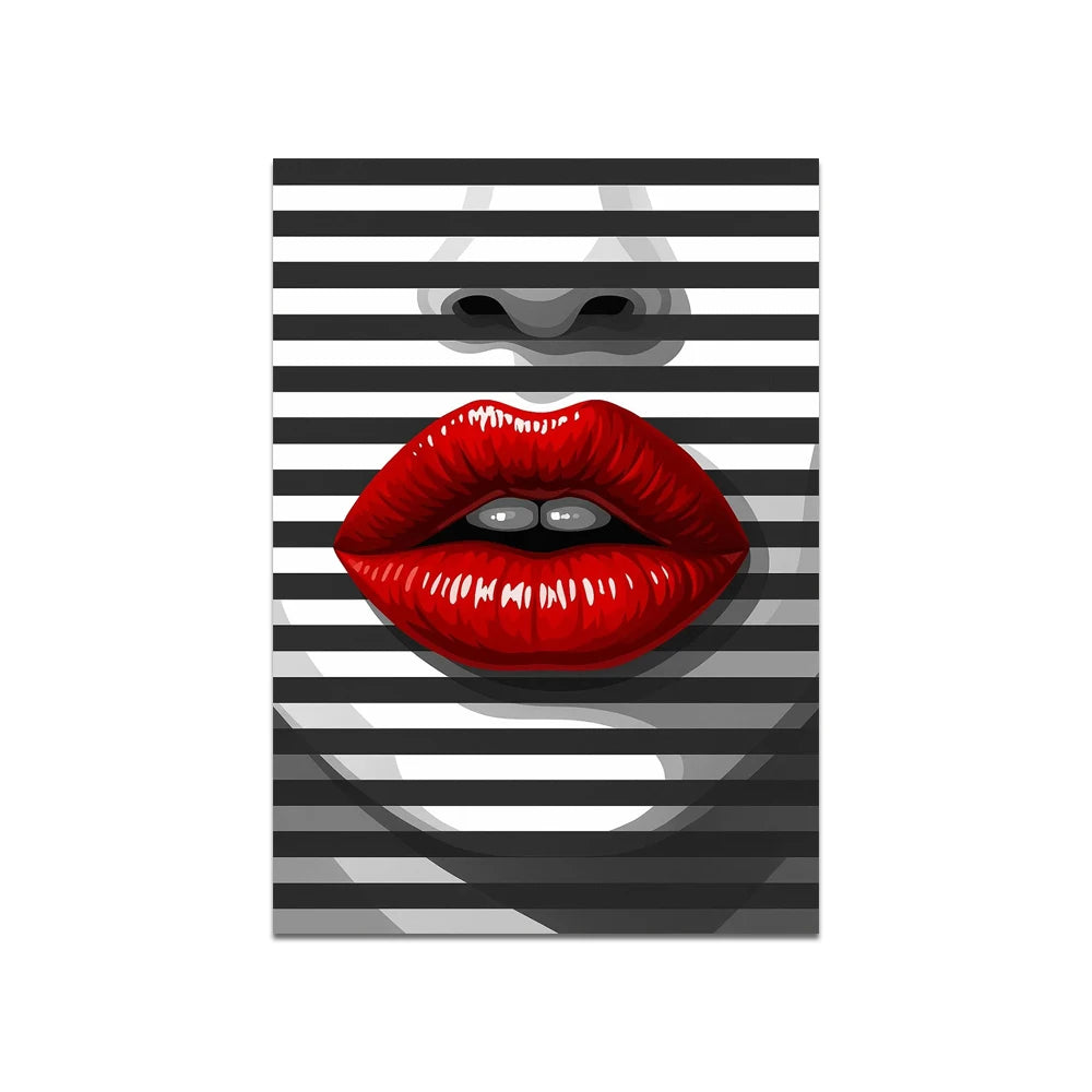 Striped Lips Canvas Painting Black White Pop Wall Art Bold Abstract Lip Picture Modern Fashion Home Decor Canvas Poster Print